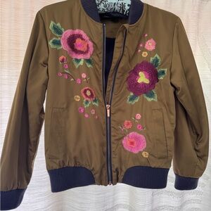 Satin Floral Embroidered Bomber Jacket - Brown kids size 8